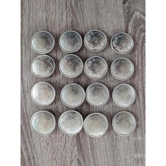 Vintage Handmade Sterling Silver Conchos Rope Edge Sunflower Engraved Set Of 16 - Picture 1 of 7